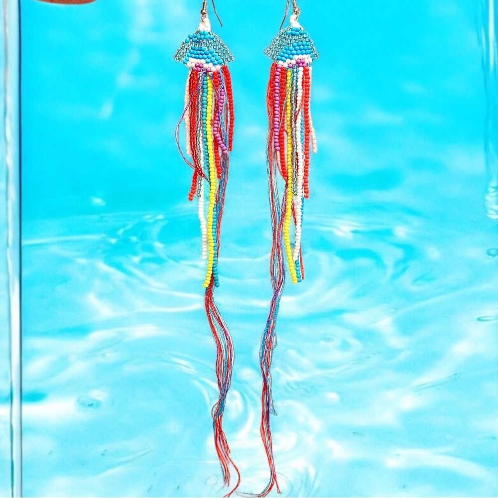Beautiful long seed bead unique Tassel Jellyfish Earrings